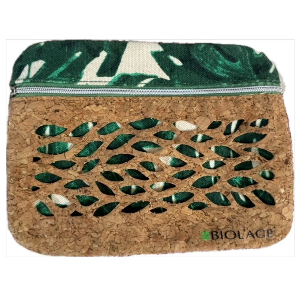 Laser Cut Cork BiolโAge Botanical Leaf Print Sustainable Canvas Cosmetic Bag